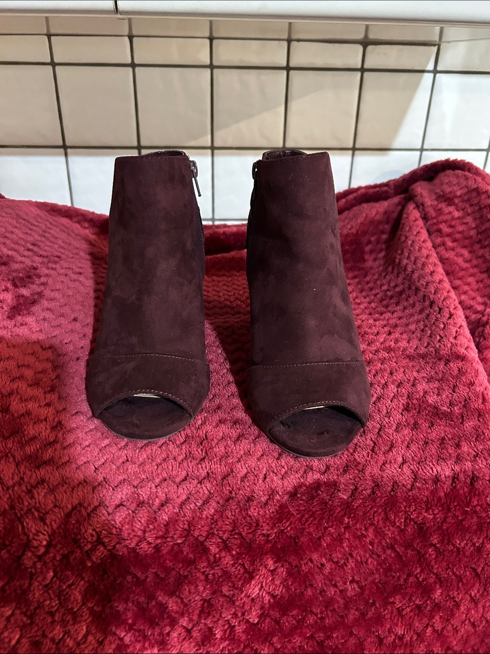 Women's Peep-Toe Suede Ankle Bootie in Burgundy